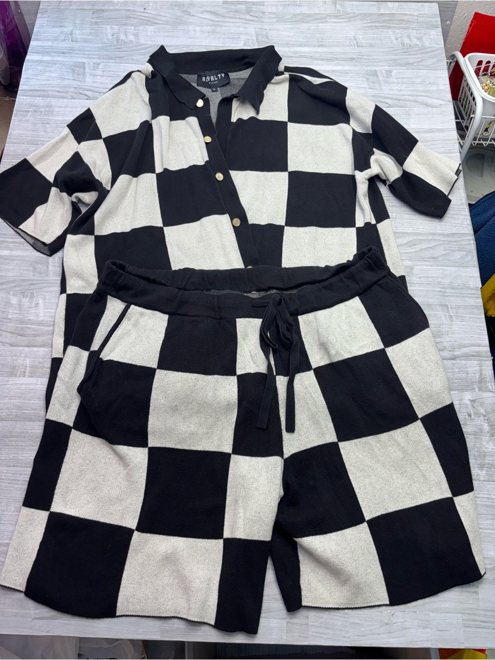 Relaxed Checkerboard Button-Down Shirt in Black/White by Royalty